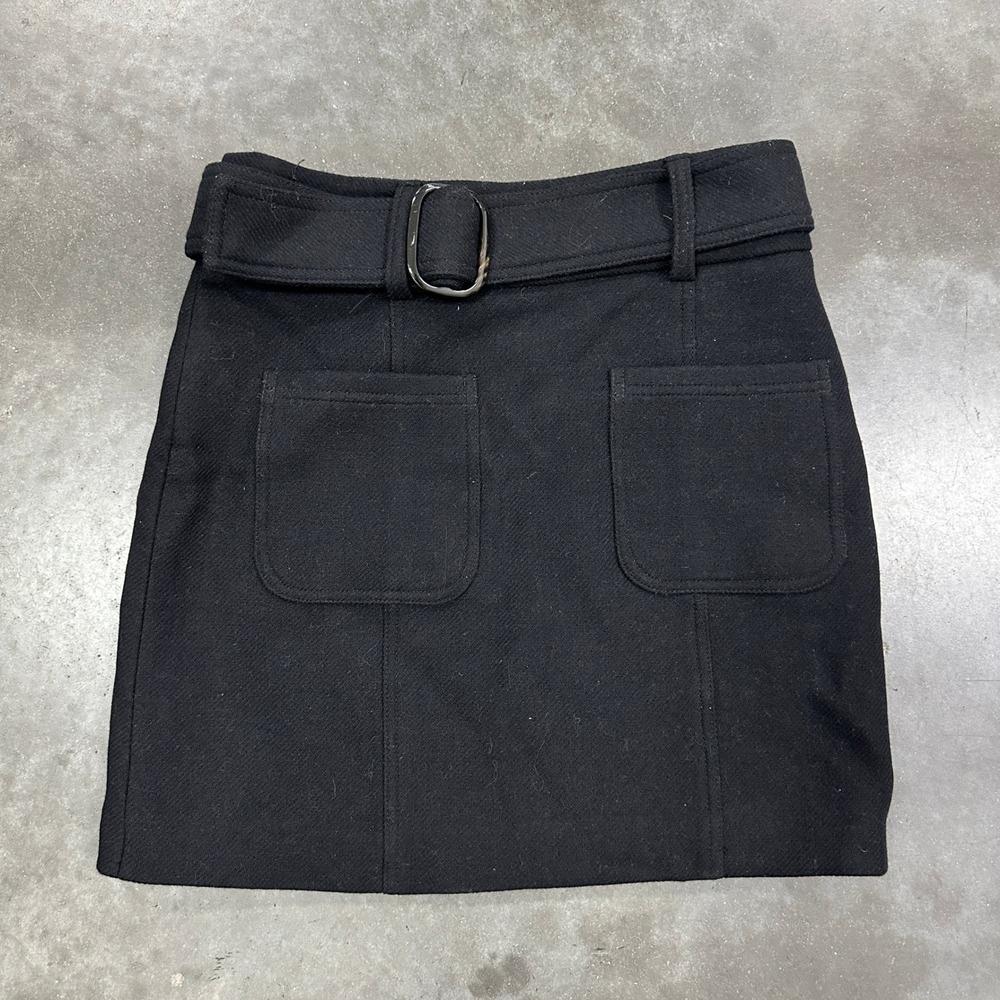 Sezane Paris Black Wool Blend Belted Mini Skirt Size 6 Front Pockets A-Line